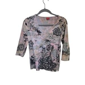 Y2K Vintage‎ Alima Women's V Neck 3/4 Sleeve Top Pink Black Floral Print